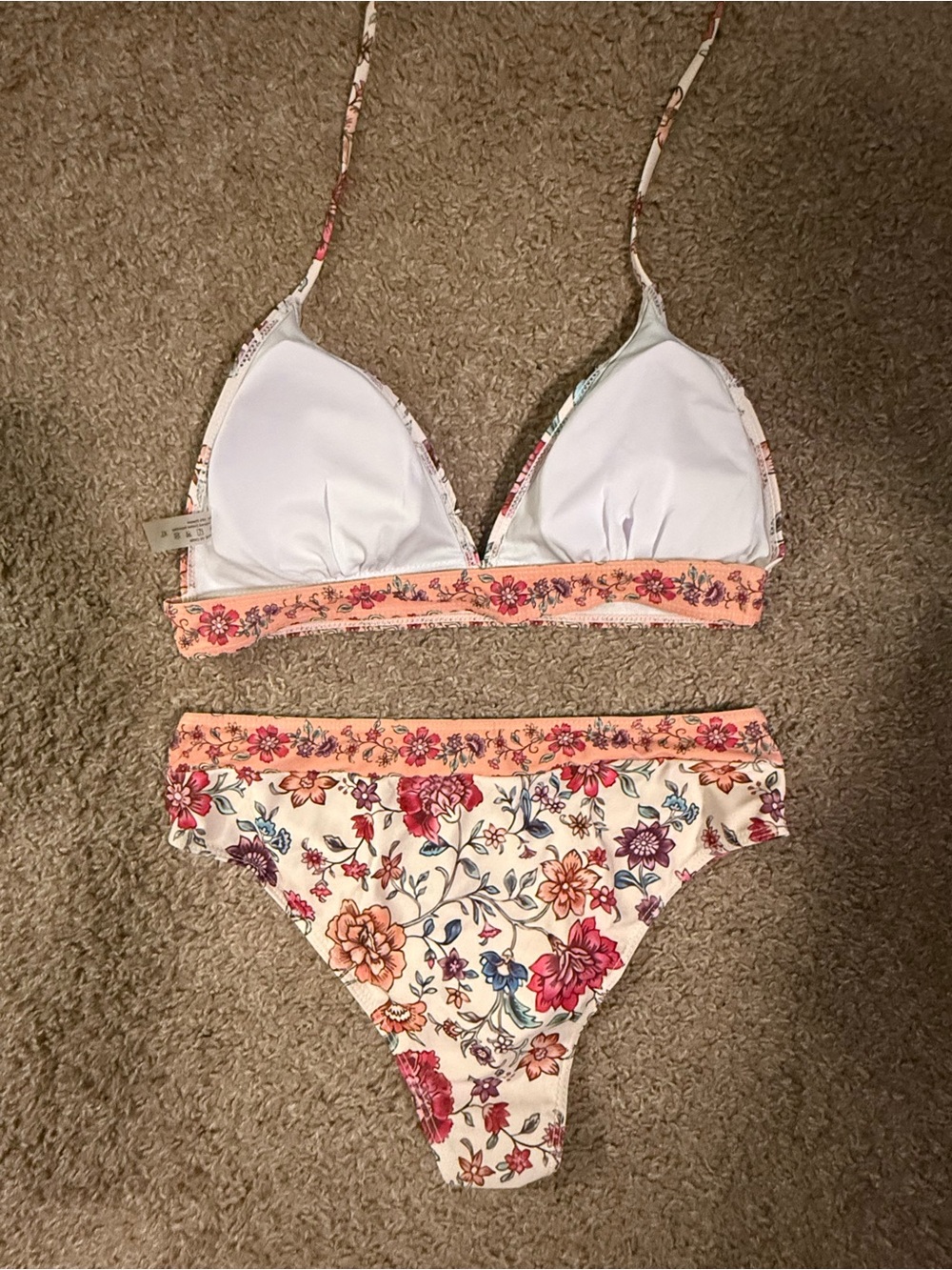 Floral Triangle Bikini Set in Cream with Pink and Peach Flowers - Picture 2 of 4